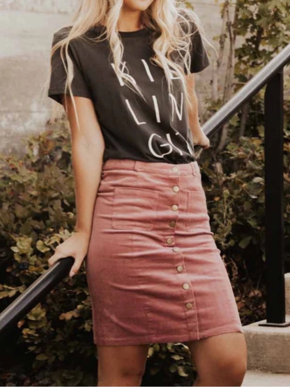 Bohme Button-Front Mauve Pink Corduroy Fitted Skirt